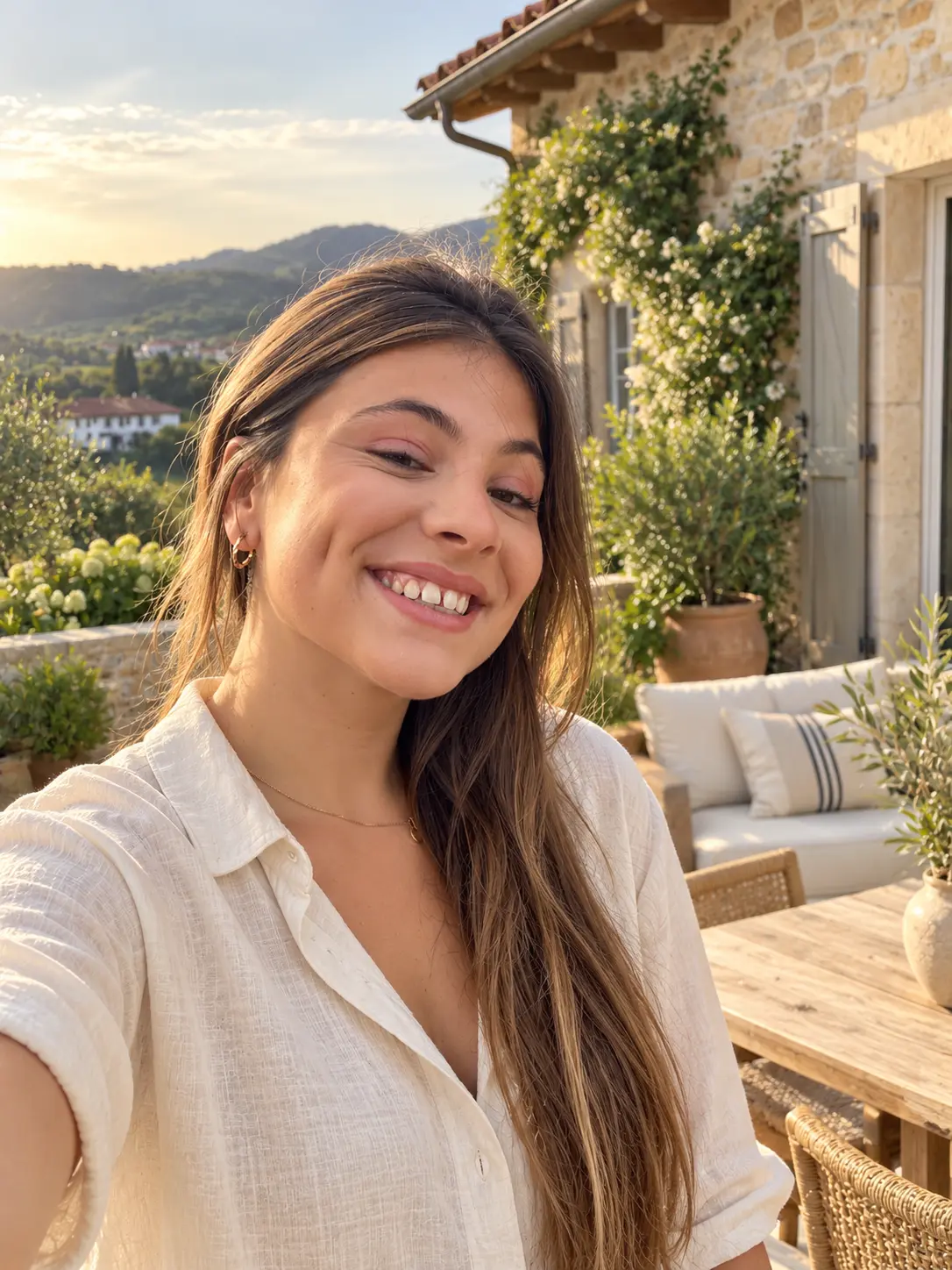 Portrait d’Élise, fondatrice de Maison Basque, dans une mise en scène sur une terrasse